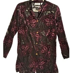 Black Purple Burnout Velvet Sheer Lace Long Sleeve Button Top whimsigoth dark SP